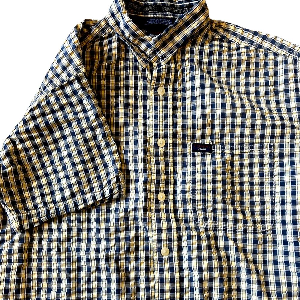 VTG 90s Tommy Hilfiger Shirt Mens M Seersucker Checker Plaid Preppy Button Up